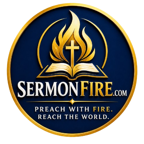 SermonFire logo — a golden flame rising from an open Bible with a cross.